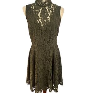 Keepsake Olive Green Eyelash Lace Mock-neck Backless Dress Sz L